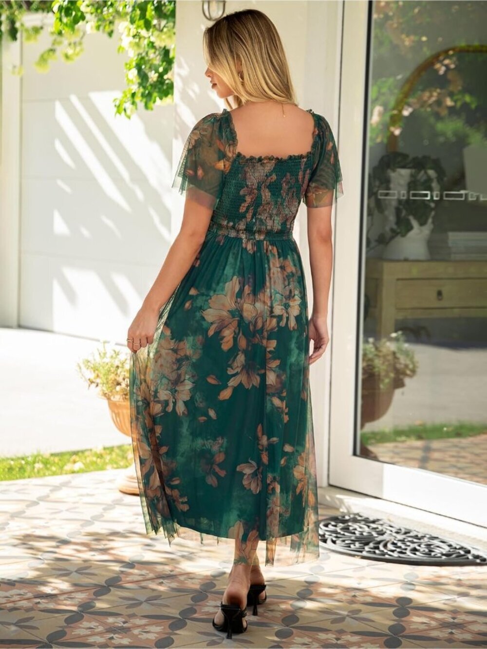 Women's Floral Green Brown Stylish Square Neck Mesh Smocked Boho Maxi Dress - Picture 3 of 6